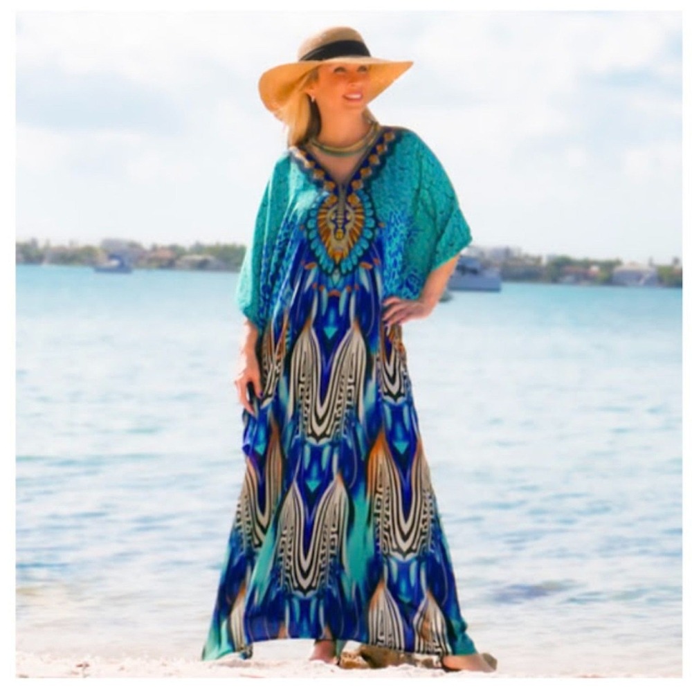 Midnight Velvet Maxi Kaftan Dress in Falling Feathers Blue Multi One Size